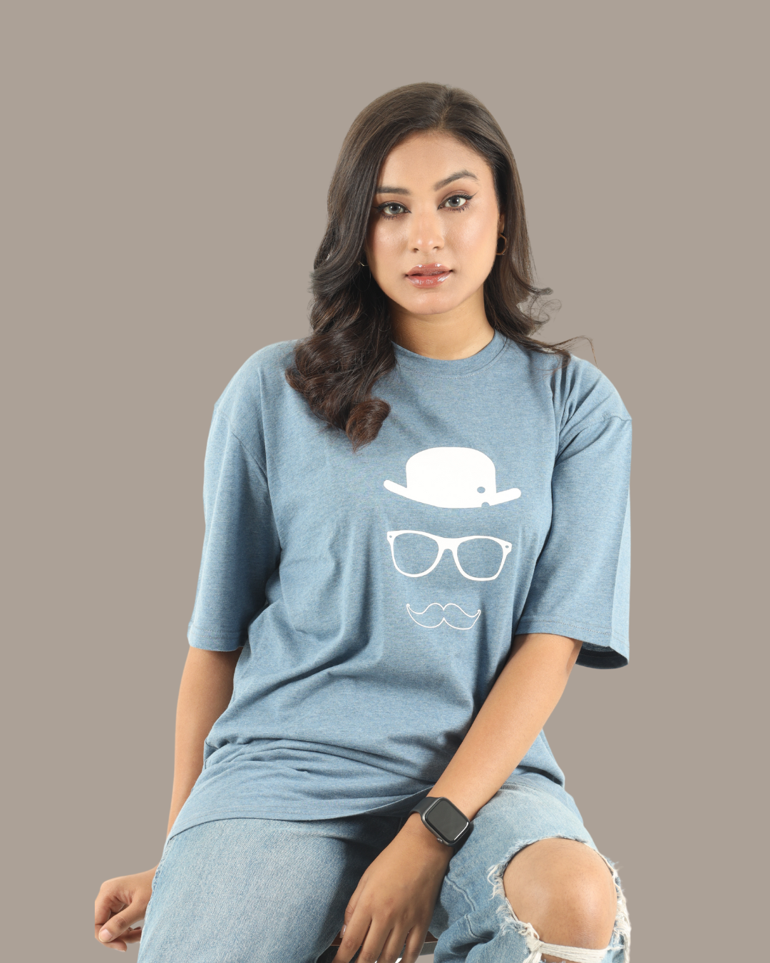 Minimalist Blue Graphic Oversized Tee | D004