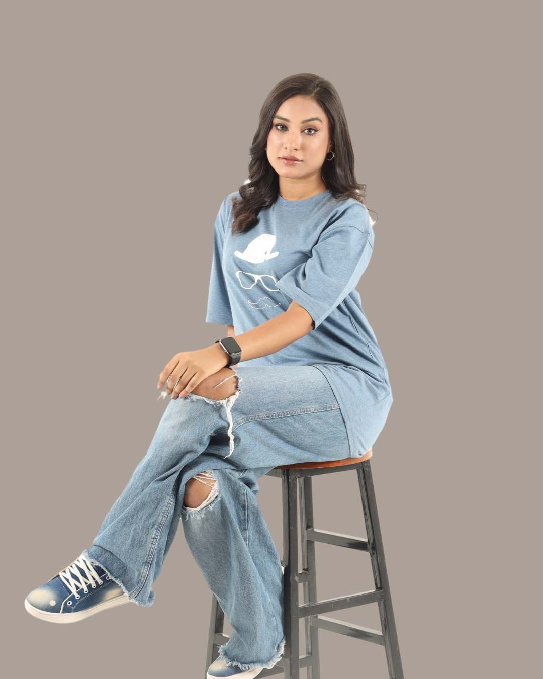Minimalist Blue Graphic Oversized Tee | D004