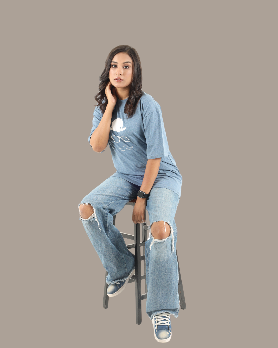 Minimalist Blue Graphic Oversized Tee | D004