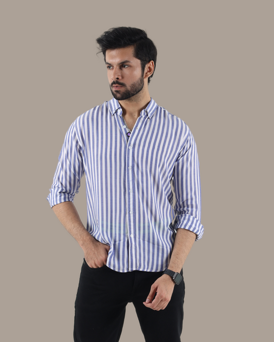 Blue & White Striped Button-Down Shirt | M004